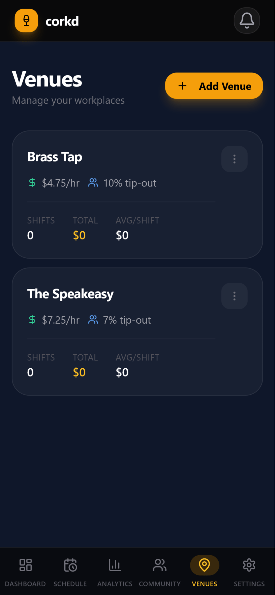 Venue and tip tracker app